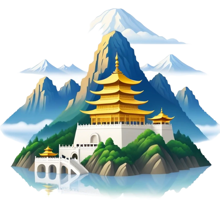 Mount Emei misty peaks with golden temple Sichuan, simplified emoji style with bold outlines and bright colors, cartoon style mountain with clouds emoji