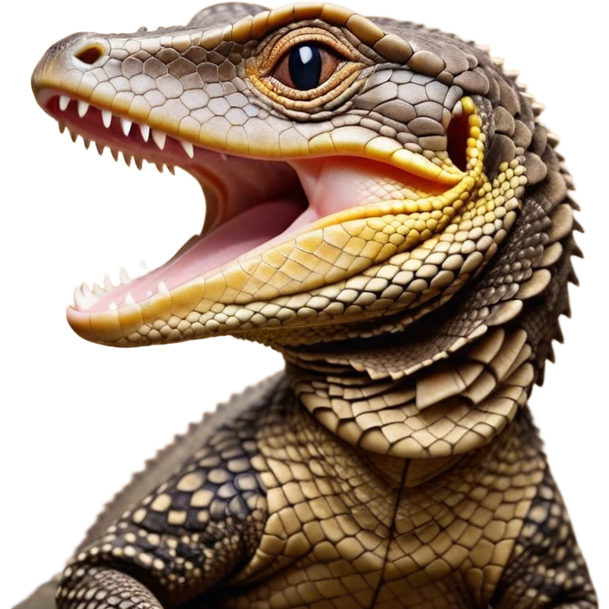 Cinematic Cute Yawning brown camo spotted monitor Lizard Portrait Emoji, Head tilted slightly with a dramatic, wide-open yawn, showcasing textured, patterned scales and sleepy, half-closed eyes exuding relaxed charm, Simplified yet irresistibly adorable features, highly detailed, glowing with a soft, cozy glow, high shine, relaxed yet expressive, stylized with a dash of whimsical wildness, soft glowing outline, capturing the essence of a drowsy yet affectionate reptile that appears ready to stretch out for a nap! emoji