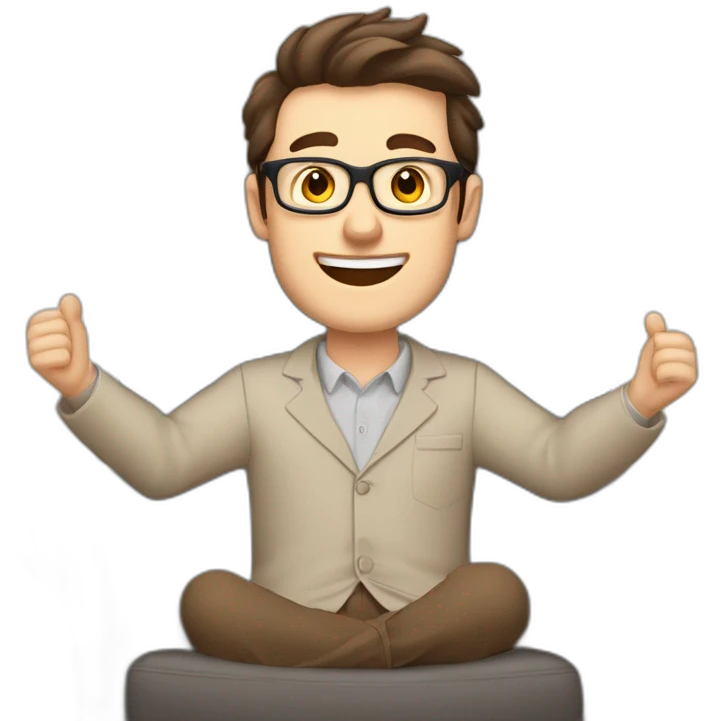 Joyful Celebrating victory Hands up Pale skinned Fit Man With dark brown hair in gray jacket, beige office shirt, Brown pants and vintage glasses sitting In a soft chair emoji