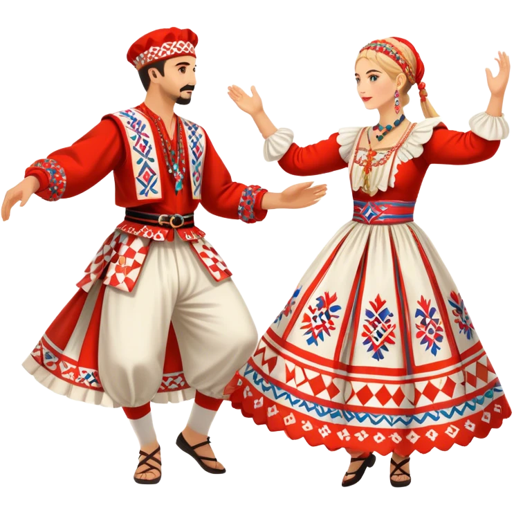 Cinematic Realistic scene of two performers engaging in the Croatian Linđo folk dance, adorned in vibrant traditional costumes with intricate patterns and accessories, captured in graceful, synchronized motion under festive natural lighting. emoji
