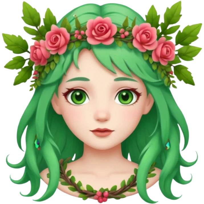 A forest princess with green hair, green eyes, wearing a wreath of flowers and branches emoji