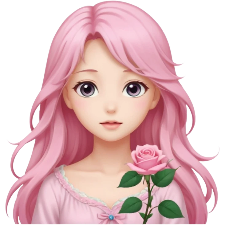 Gorgeous dreamy anime lady pink roses with long hair emoji