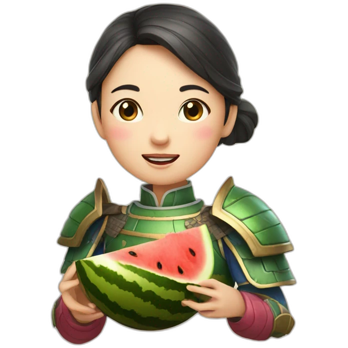 the face of a girl from medieval China in beautiful armor eating a watermelon emoji