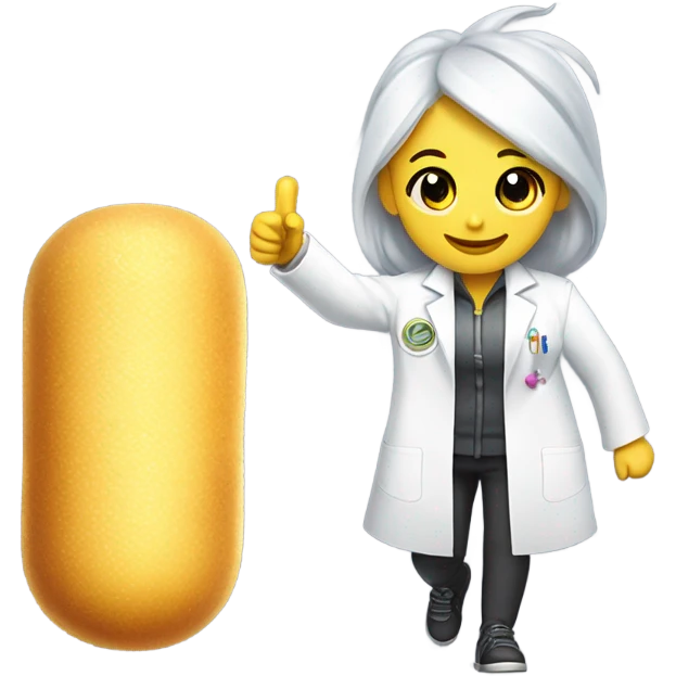 DNA strand  with sunshine face ￼￼ wearing a lab coat given a thumbs up while riding a pogo stick with a miniature unicorn on her shoulder wearing a lab coat that is gold eating a Twinkie emoji
