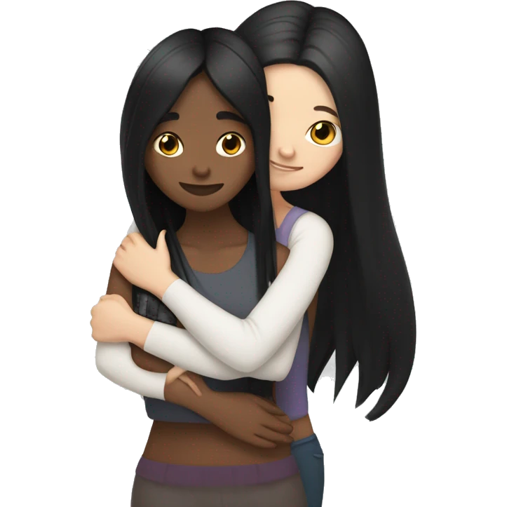 Lesbian with long black hair and white skin hugging her girlfriend from behind emoji