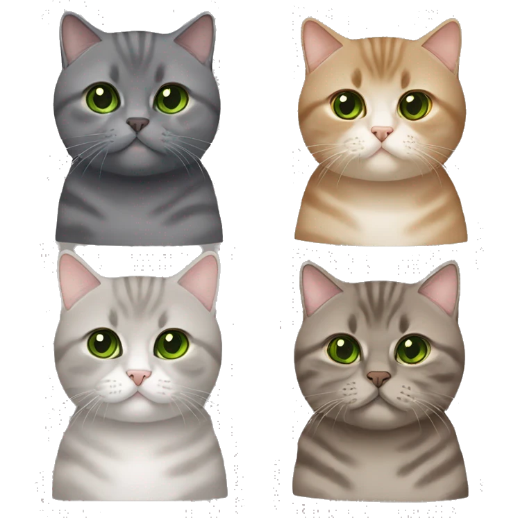 Brown british shorthair with Brown eyes + Grey Tabby scotish fold with Green eyes sitting emoji