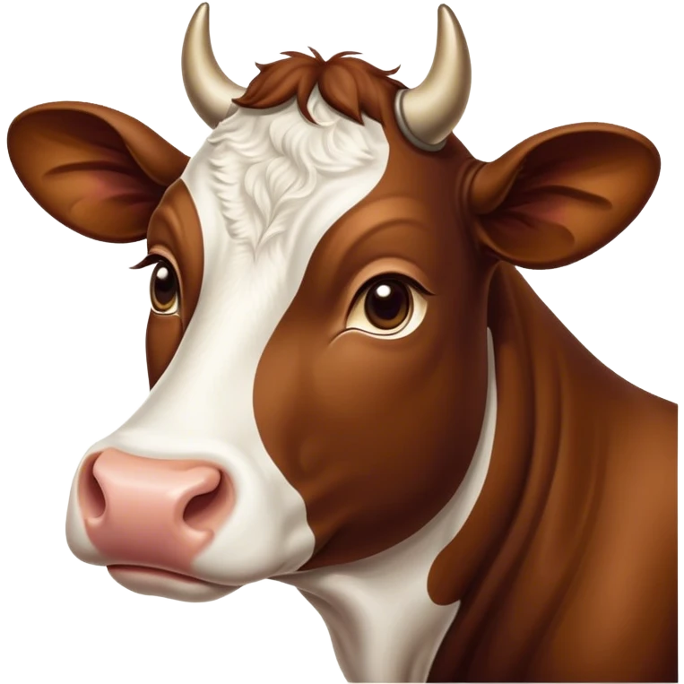 Cinematic Noble Brown and White Cow Portrait Emoji, Poised and regal, with a large, sturdy build and a beautifully patterned hide of rich brown accented by crisp white patches, deep-set soulful brown eyes, Simplified yet sharp and sophisticated features, highly detailed, glowing with a soft, dignified glow, high shine, intelligent and calm, stylized with an air of pastoral majesty, focused and attentive, soft glowing outline, capturing the essence of a watchful and confident bovine guardian, so majestic it feels as though it could amble out of the screen with effortless authority! emoji