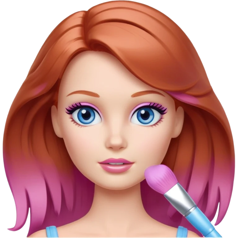 Barbie girl Chestnut-red Shoulder-length hair and blue eyes is In pale purple smears by hand cosmetic cream on her face emoji