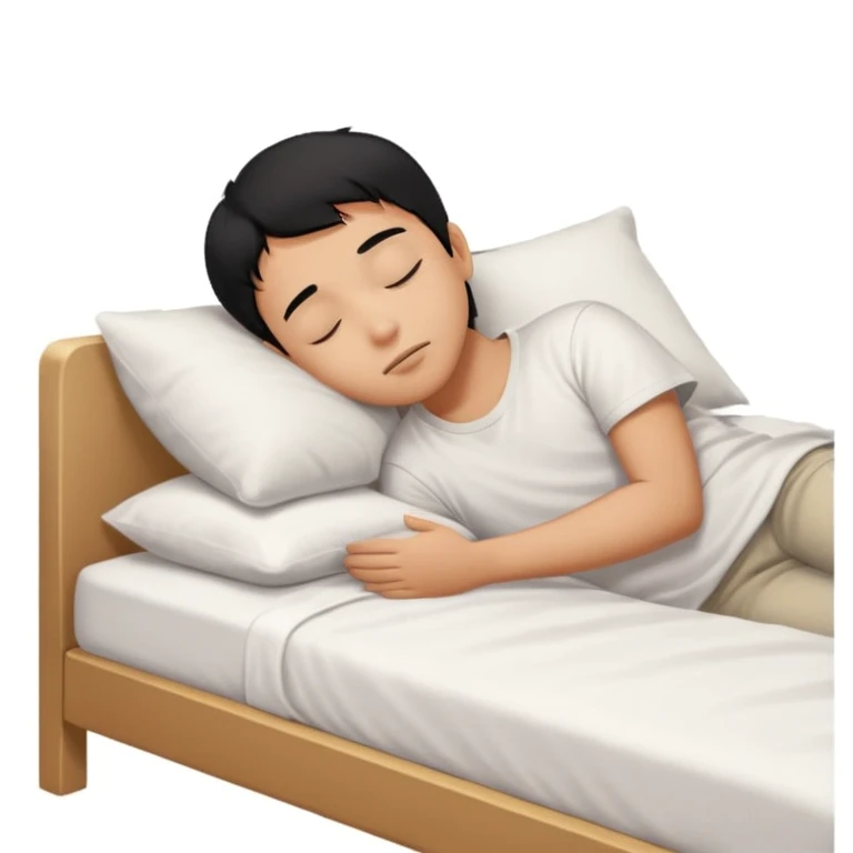 indonesian asian boy black hair wearing white tshirt, is sleeping on white bed emoji
