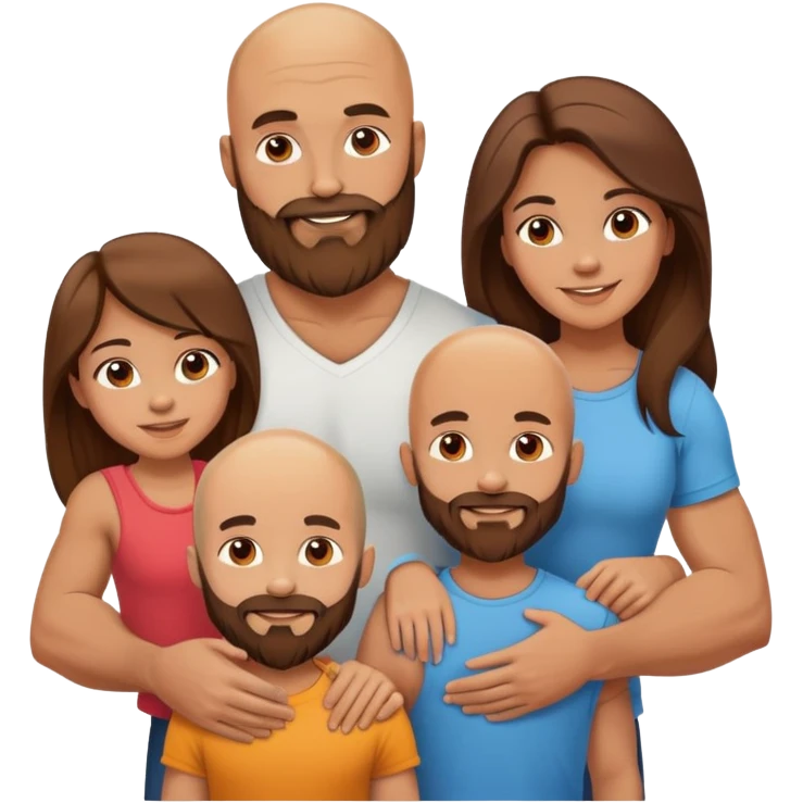 Happy Muscular Bald beard man and his hot wife with long brown hair and 3 sons emoji