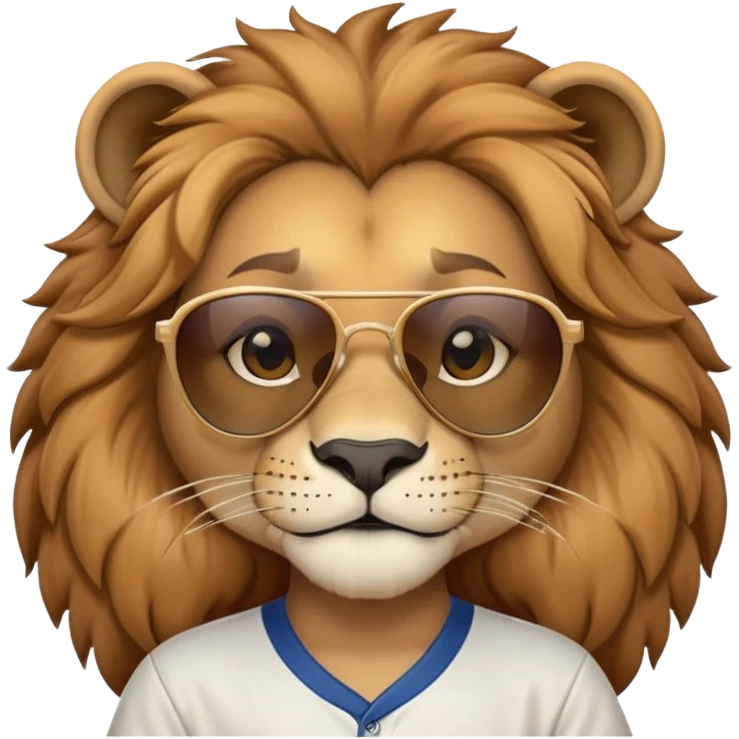 head and shoulders close-crop of a friendly anthropomorphised female lion wearing a baseball shirt and dark sunglasses emoji
