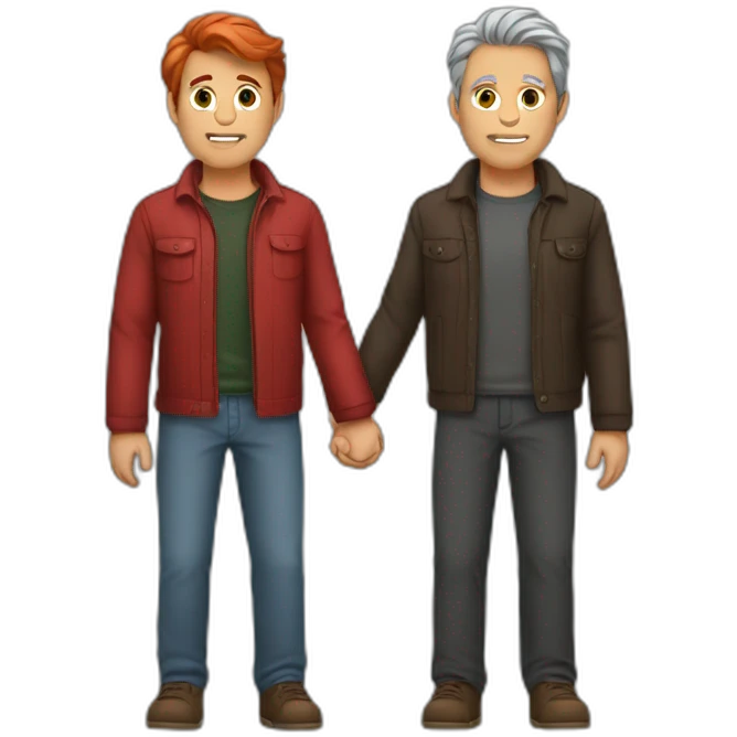 Dark grey hair man holding hand red hair man emoji