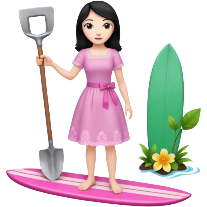 Princess who wearing dress (woman) black hair holding her cellphone and a garden shovel with another hand. She is standing on her feet, there is one pink surfing board. emoji