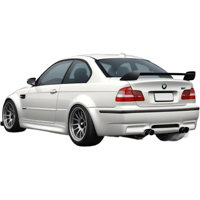 
A white BMW M3 E46 is shown drifting through a corner from a rear-view angle, with a slight wisp of smoke rising from the back and the wheels positioned at a certain angle relative to the turn. emoji