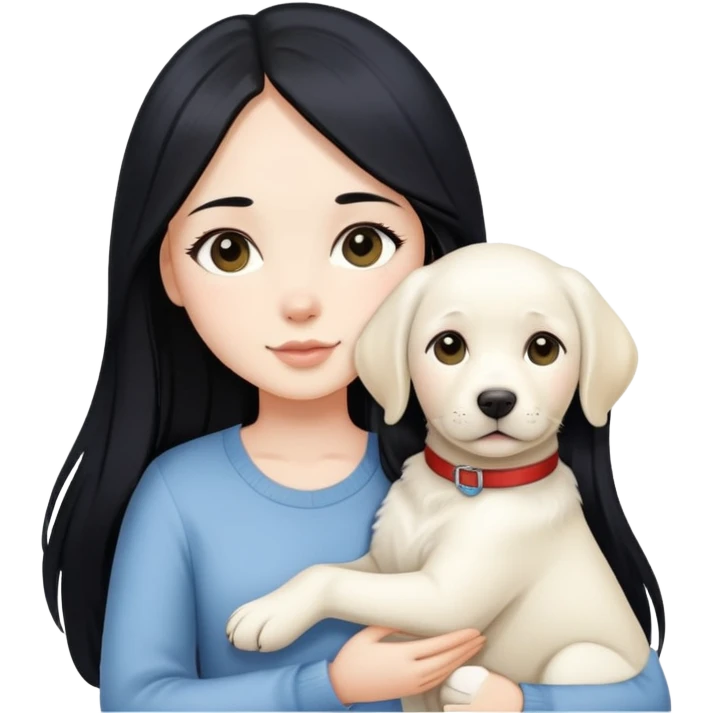 A beautiful girl with long black hair and fair skin is holding a white Labrador emoji