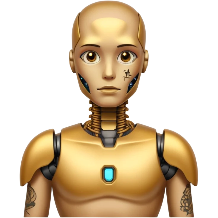 gold Tatooed robot, big many tatooes on chest, neck and face, tatoo on face emoji