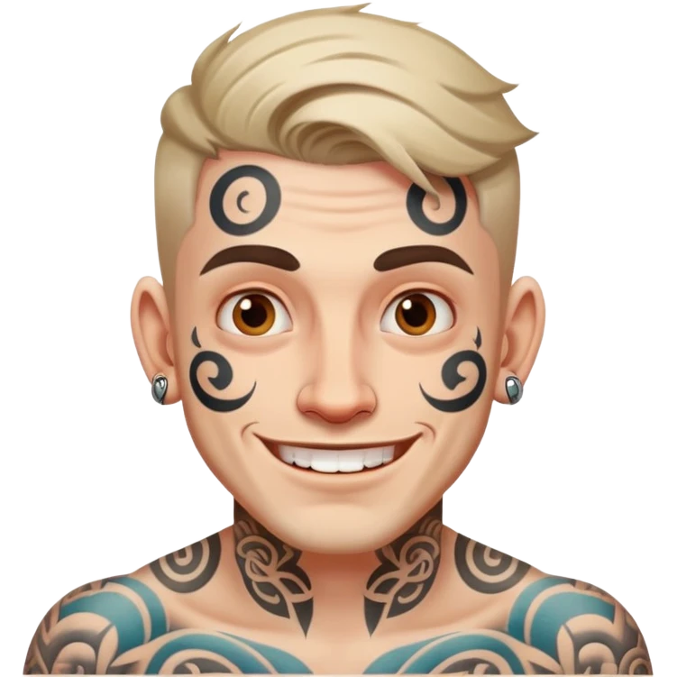 white man with bold face tattoo, happy face emoji