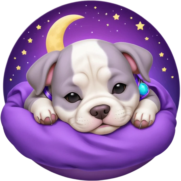 purple moon with a sleeping grey bull dog puppy with a purple collar emoji
