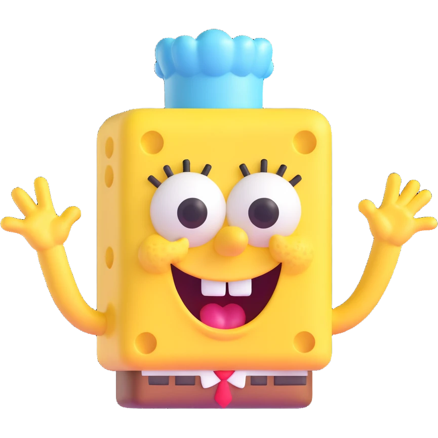 Spongebob Squarepants with rounded features, blowing a kiss, 3D emoji style emoji