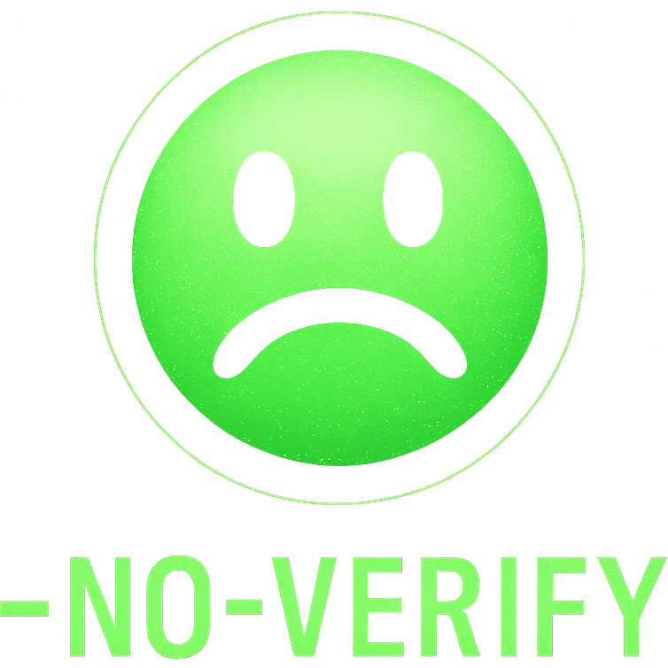 emoji style icon with text '--no-verify', green glowing letters, Matrix hacker vibes, digital rain background emoji