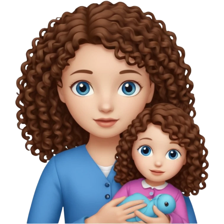 Una niña con ojos celestes y pelo rizado con piel blanca y con una muñeca  emoji