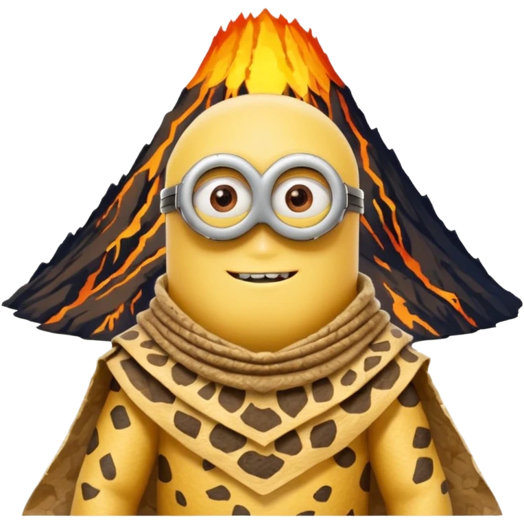 a minion wearing ancient animal skin cloth with volcano behind, half body, icon emoji