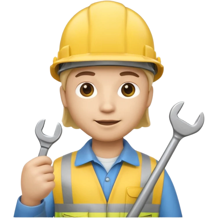 Apple Memoji-style 3D emoji of an engineer wearing a yellow hardhat holding a wrench, soft shading, rounded shapes, no background.
 emoji