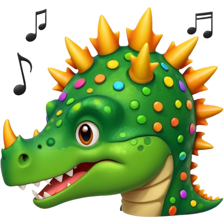 cartoon stegosaurus face with music notes emoji