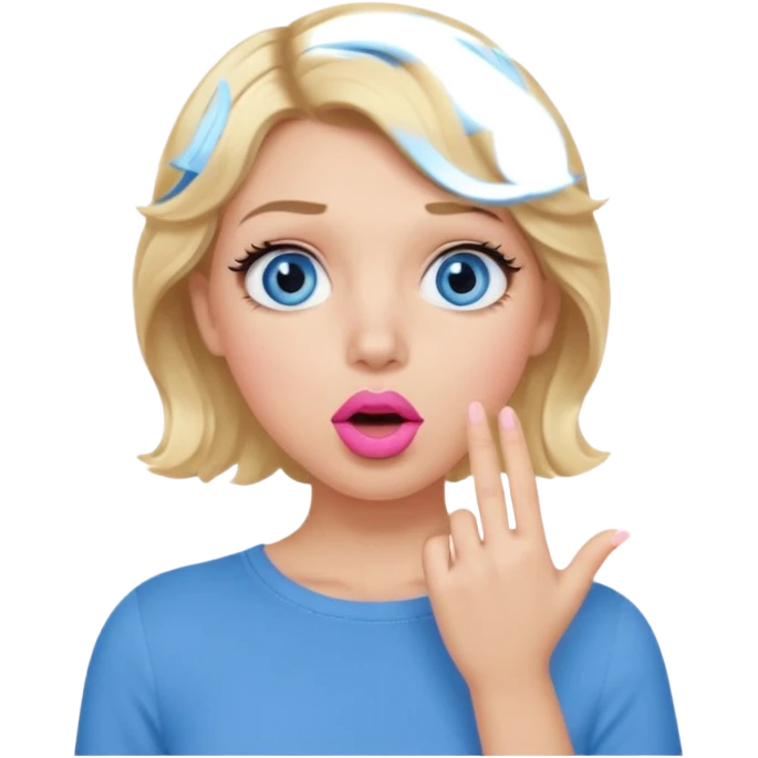 Girl Blonde short wavy hair,  blue eyes, cute blue top, long lashes, pink lips, shocked, hand over the mouth emoji