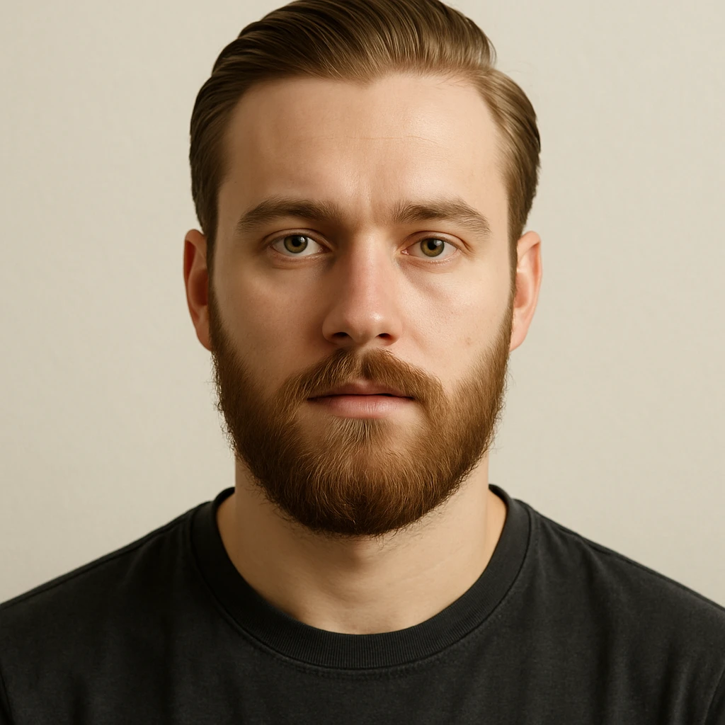 portrait of a young man with short light chestnut hair slicked back, medium-length thick beard, light green eyes, fair skin, oval face, neutral expression, wearing a dark t-shirt, plain light background, shoulder-up front view emoji