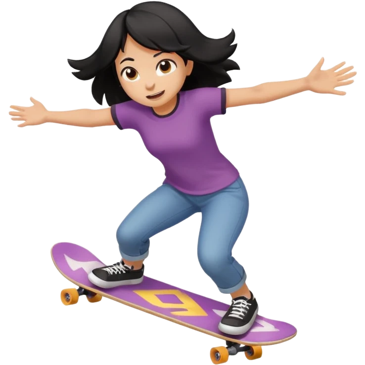 black-haired girl mid-wipeout on a skateboard, arms flailing, energetic, fun emoji style emoji