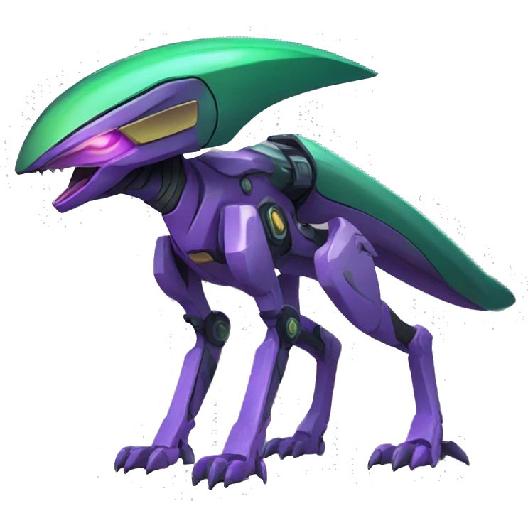 a purple-green Genesect-Raptor-Fakémon—hybrid with a futuristic visor-helmet full body emoji