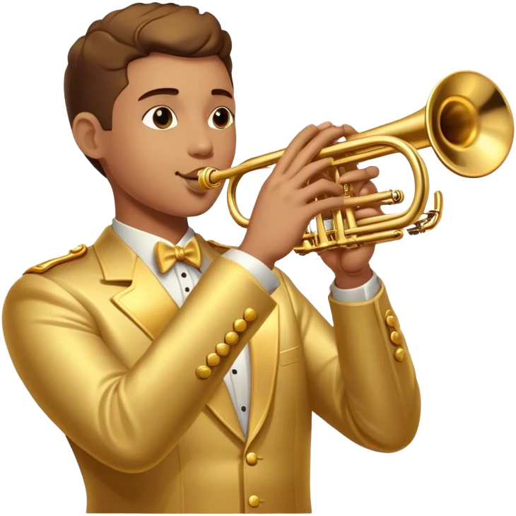 Cinematic Realistic Trumpet, polished brass with warm golden reflections, intricate valve details subtly highlighted, soft hands pressing the keys, glowing with bold and triumphant musical energy. emoji