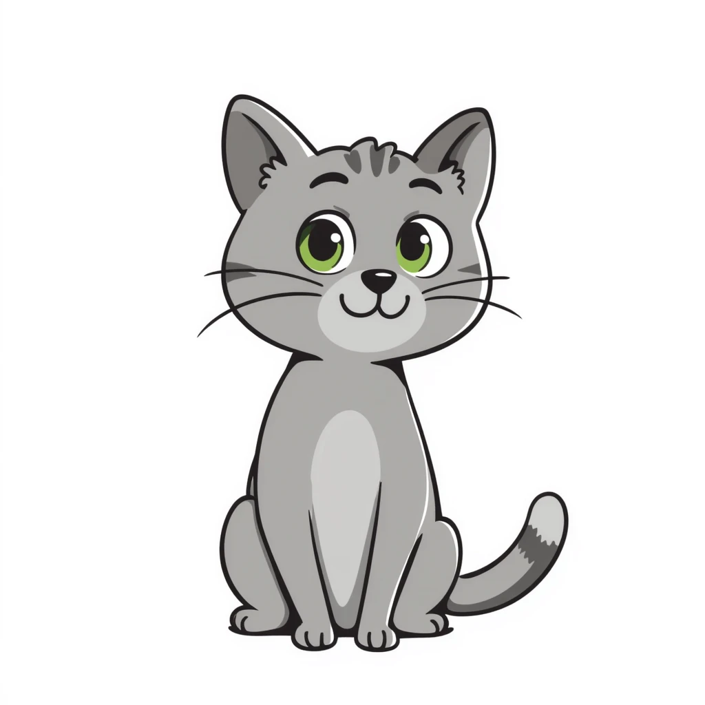 Elegant gray cat with smooth fur, large green eyes, serene attentive expression, sitting facing camera, soft lighting emoji