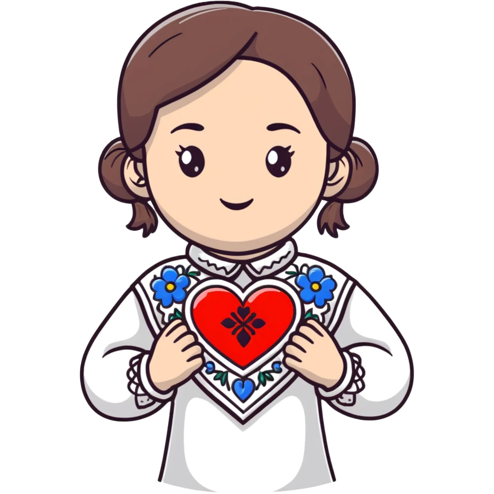 beautiful young girl in a white Ukrainian embroidered shirt clutching a large embroidered heart emoji