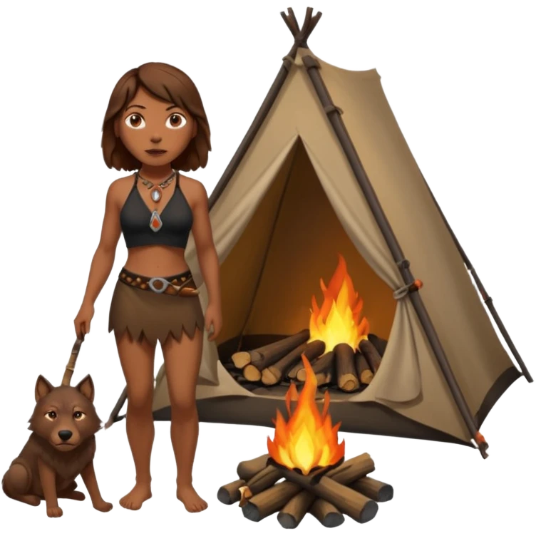 a NEANDERTHAL WOMAN WITH BROWN HAIR STANDING BY A FIRE AND TENT WITH BLACK WOLF HALTER TOP emoji
