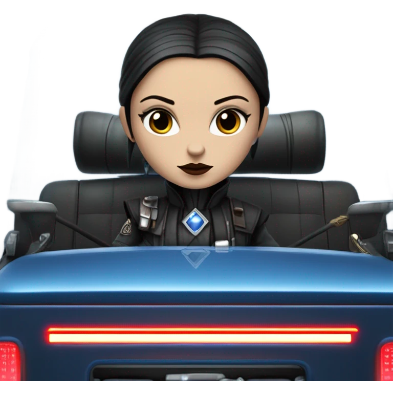 Jedi bounty hunter Wednesday Addams racing sitting in a modern blue,red and pewter steampunk electric luxury emoji