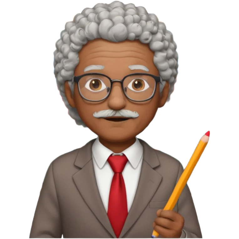 old man teacher, brown skin, curly grey white hai, wearing glasses, brown suit, red tie hold chalk on hand emoji