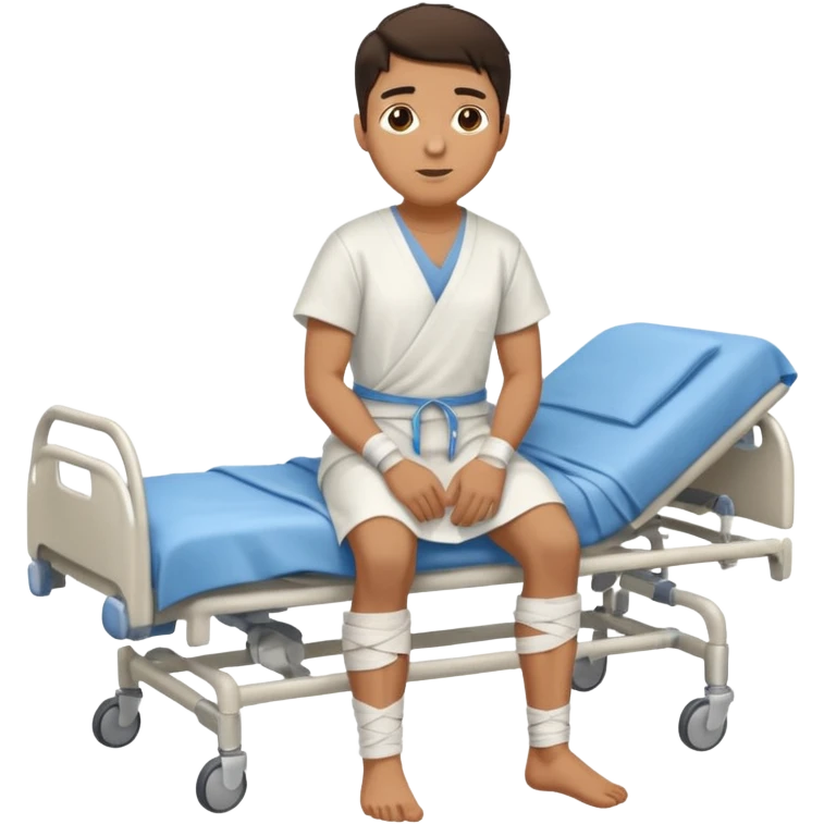 A young hispanic guy with a broken leg in the hospital. The broken leg is bandaged to indicate that it is broken. emoji
