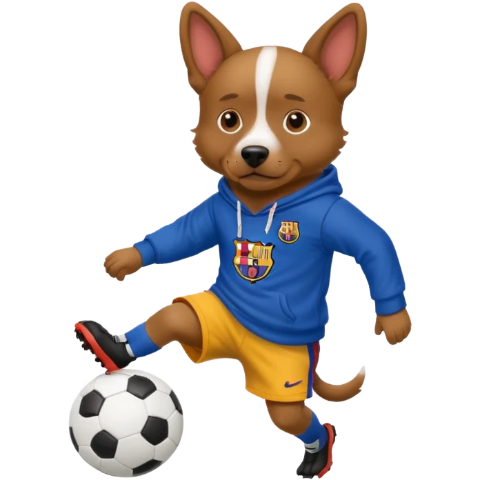 Dog wearing a hoodie witha barca jersey kicking a soccer ball emoji