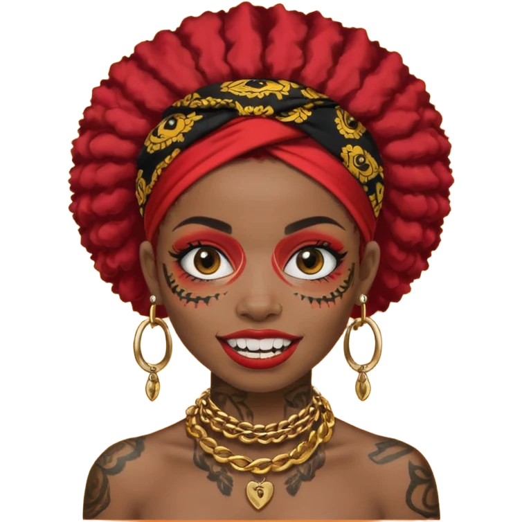 afro black hair with red head bandana and lots of face tattoo black skin girl emoji