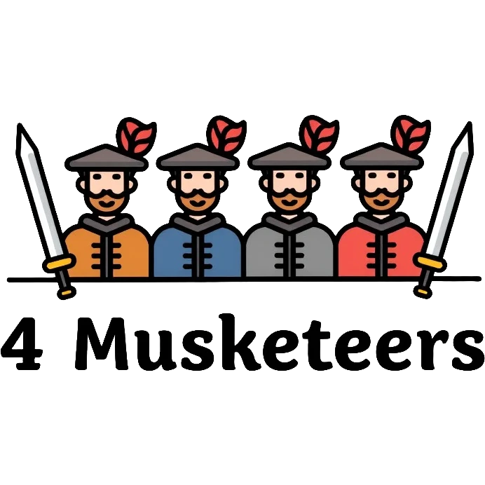 Four musketeers with feathered hats and swords with the text "4 Musketeers" emoji