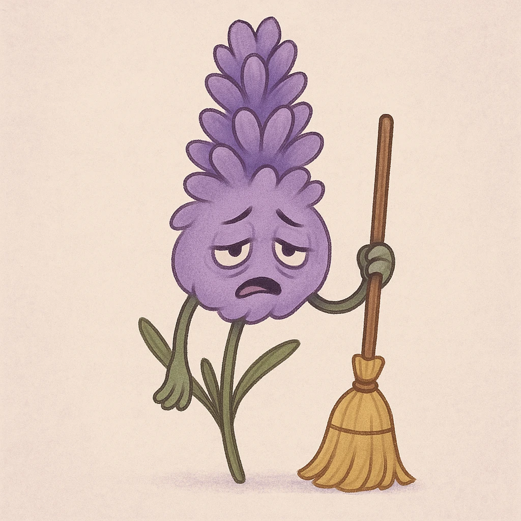soft purple lavender flower holding a broom, very exhausted expression emoji