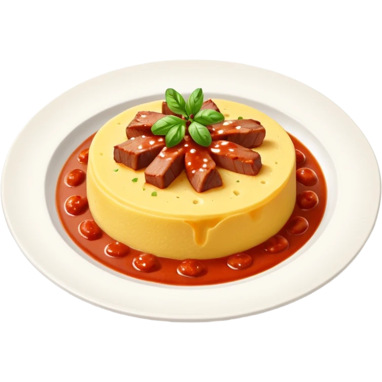 Creami l’emoji di una polenta su un piatto con il sugo e la carne sopra emoji