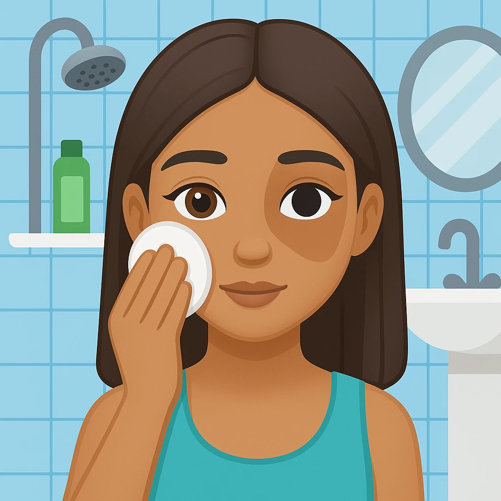 Add a bathroom background behind the Latin girl removing makeup. The style should resemble emoji style with simple, colorful, and concise features. emoji
