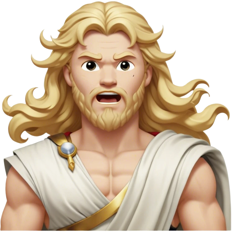 Cinematic Realistic Thor Portrait, head tilted slightly with a dramatic, wide-open yawn, revealing a moment of unguarded human vulnerability amidst his divine stature. His fair, luminous skin and elegantly styled, wavy golden hair maintain their sculptural perfection even in repose. Dressed in a flowing white toga with understated golden accents, the portrait is bathed in soft natural light, capturing a rare glimpse of relaxed, timeless strength from a Greek god reborn. emoji