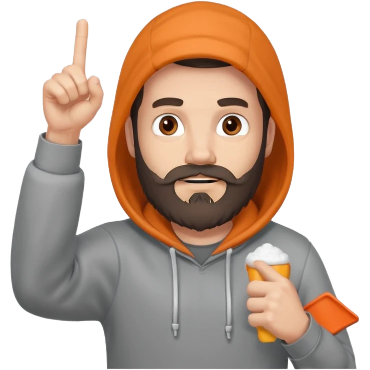 A bearded man in a hoodie, raising his foam finger with playful energy. emoji
