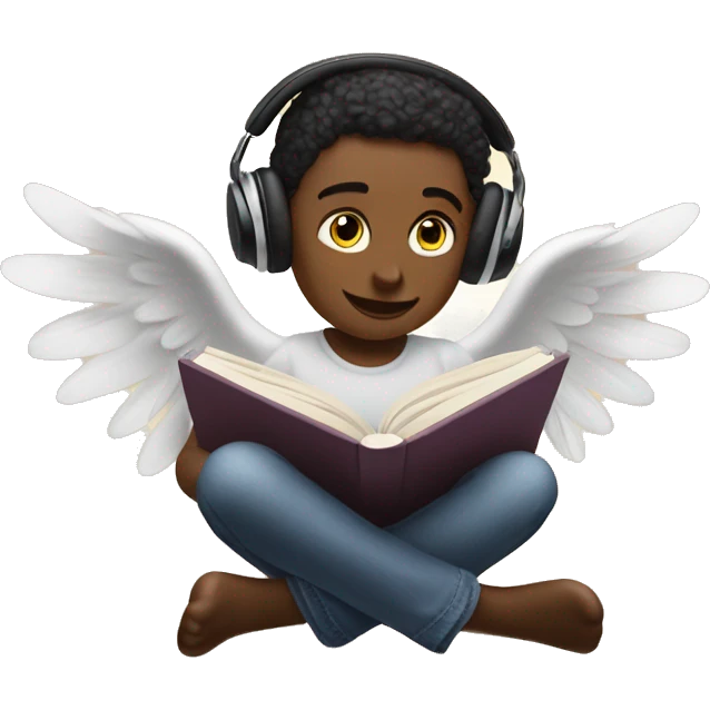 Create angel reading the book One Hundred Years of Solitude and listening to music through airpods emoji