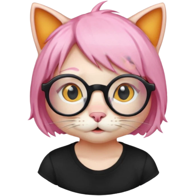 Orange Yellow cat wearing a little pink hair wig, black circle glasses, white T-shirt emoji