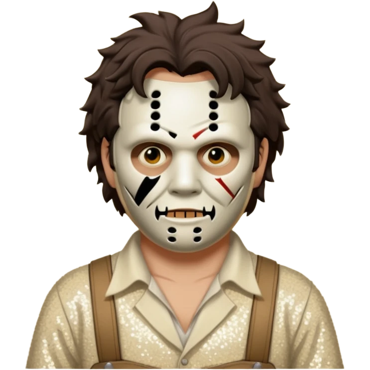 Leatherface with tan mask with dark brown hair, ivory sequin outfit  emoji
